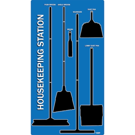 5S Supplies 5S Housekeeping Shadow Board Broom Station Version 3 - Blue Board / Black Shadows  With Broom HSB-V3-BLUE-KIT